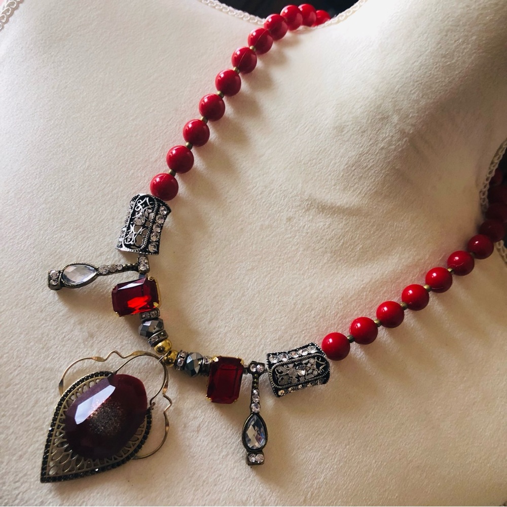 Handcrafted bowl of cherries fancy beaded faceted crystal pendant necklace